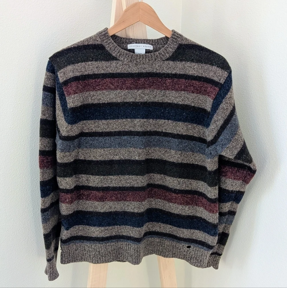 Vintage 90's Striped Textured Wool Crewneck Sweater In Oatmeal Tan - Picture 2 of 15